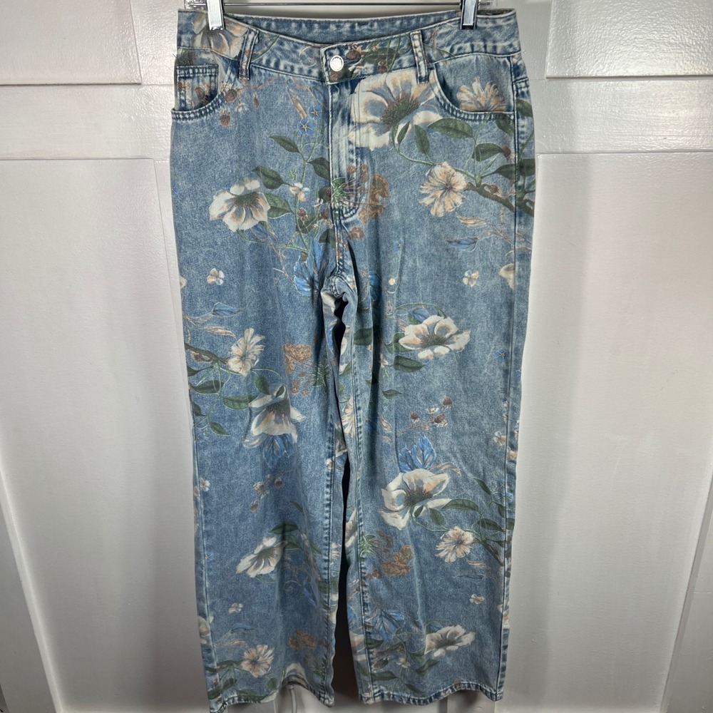 Cottagecore Floral Print Straight Leg Jeans Light Wash Blue W28 L32
